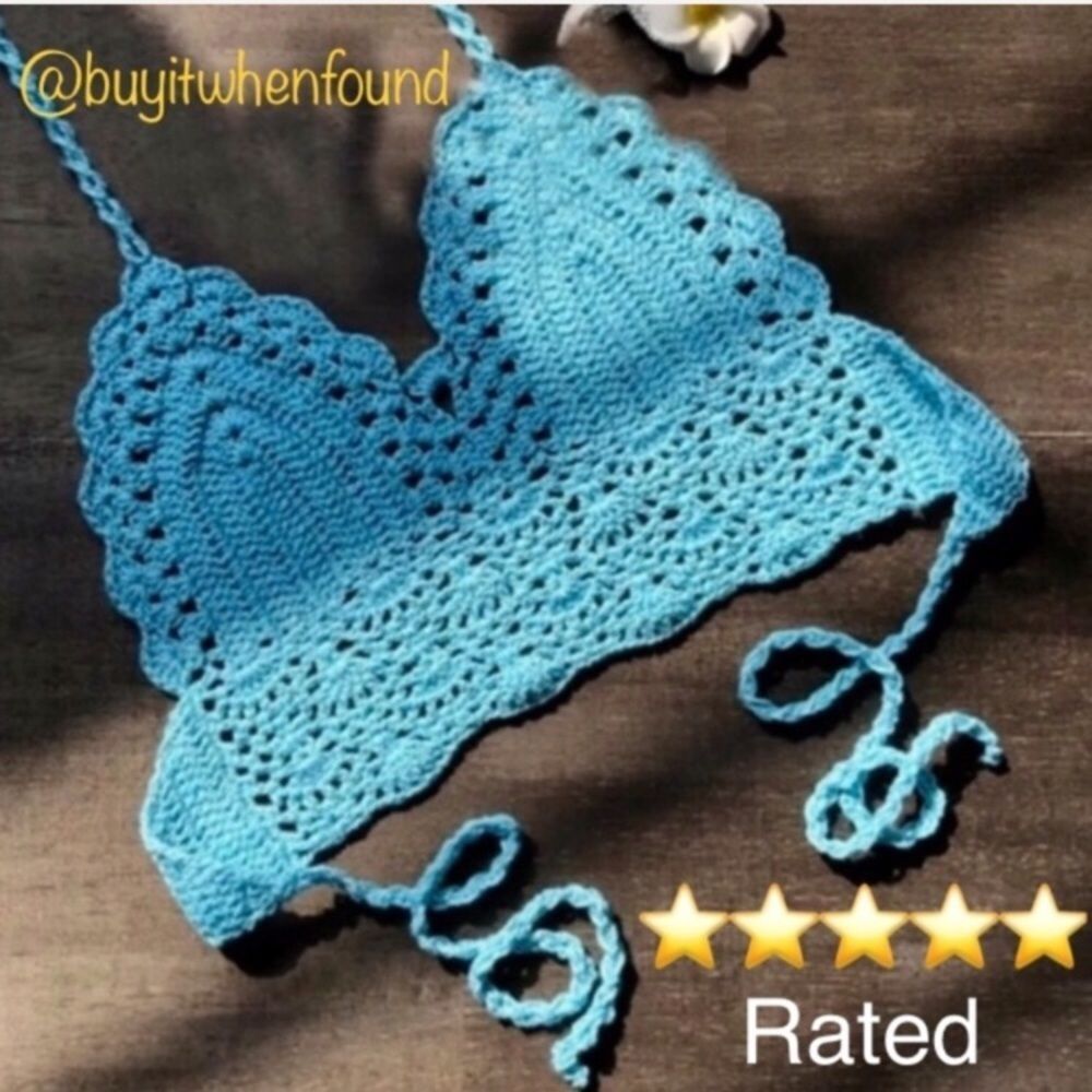 Crochet Knit Halter Crop Top AQUA Turquoise S M L XL